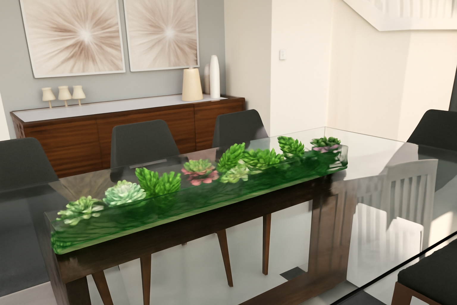 Cache-pot en verre plat 120 cm avec variétés de succulentes