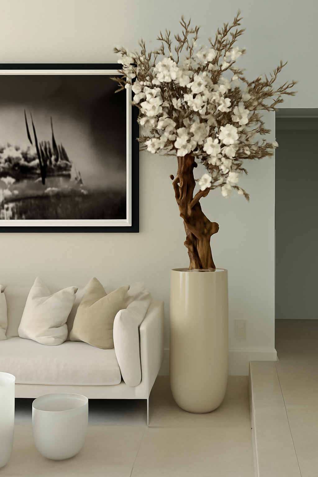 Magnolia blanc 2,4 m dans cache-pot beige brillant
