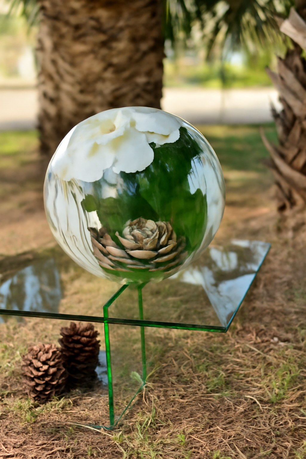 Vase avec orchidées blanches et palmier