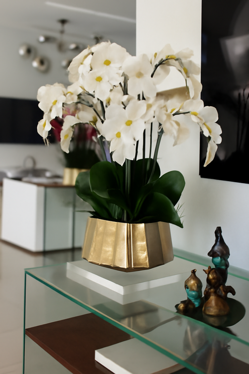 Cache-pot bateau avec orchidées Phalaenopsis blanches