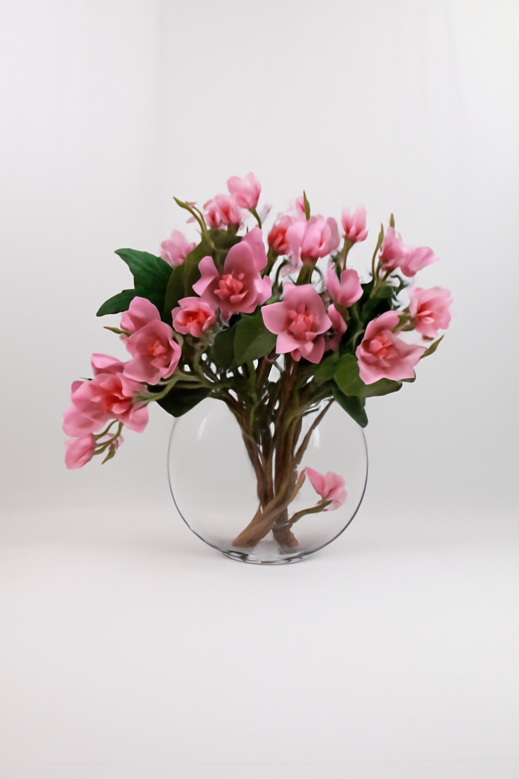 Vase lune avec magnolias roses