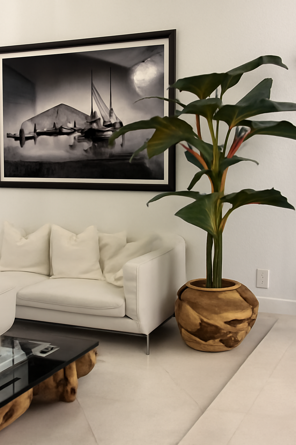 Coupe en teck surdimensionnée avec plante Alocasia