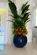 Plantes tropicales mélangées dans cache-pot globe bleu cobalt