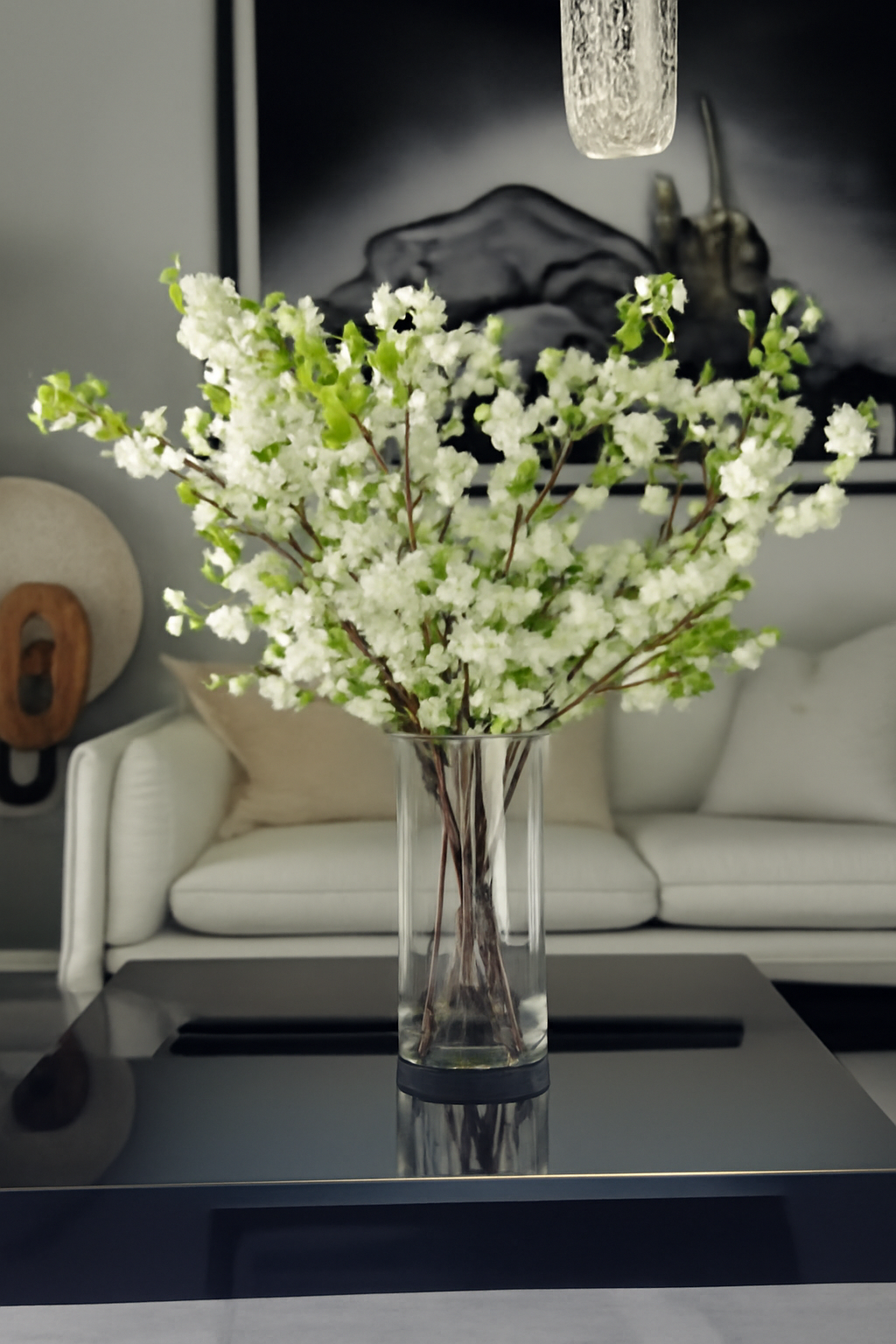 Fleurs de cerisier blanches dans cylindre en verre 40 cm